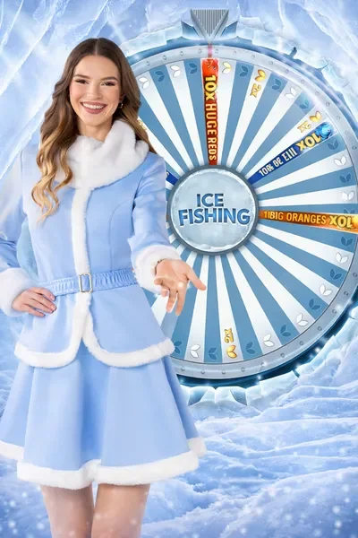 Ice Fishing mobile-format artwork showing the presenter and wheel